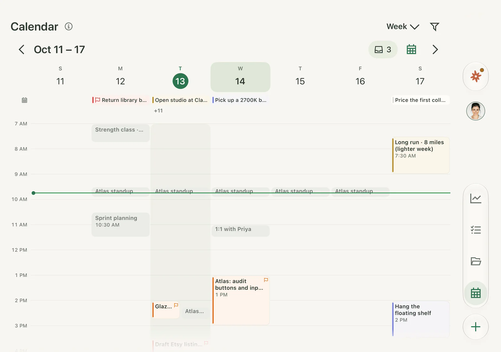 Calendar, week of October 11 to 17, with studio time, a 1:1 and a long run on Saturday.