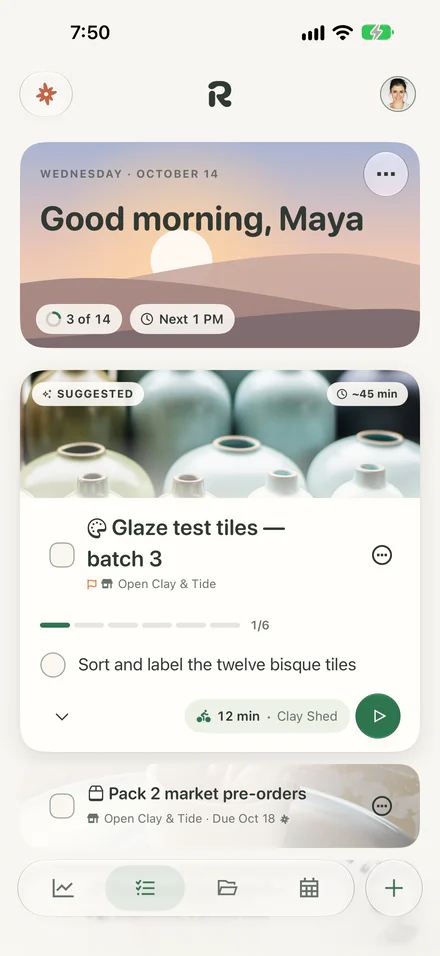 Rituals Today on iPhone 18 Pro Max: a dawn sky card that says Good morning, Maya, 3 of 14 done, and a suggested next step, Glaze test tiles — batch 3.