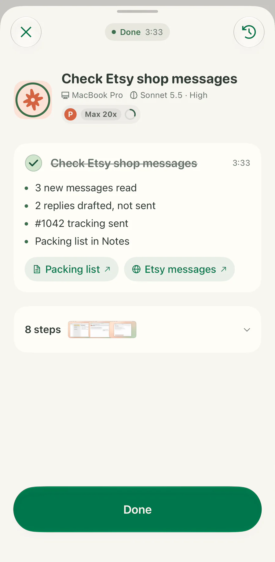 The task Check Etsy shop messages, done, with the replies drafted and the tracking number sent.