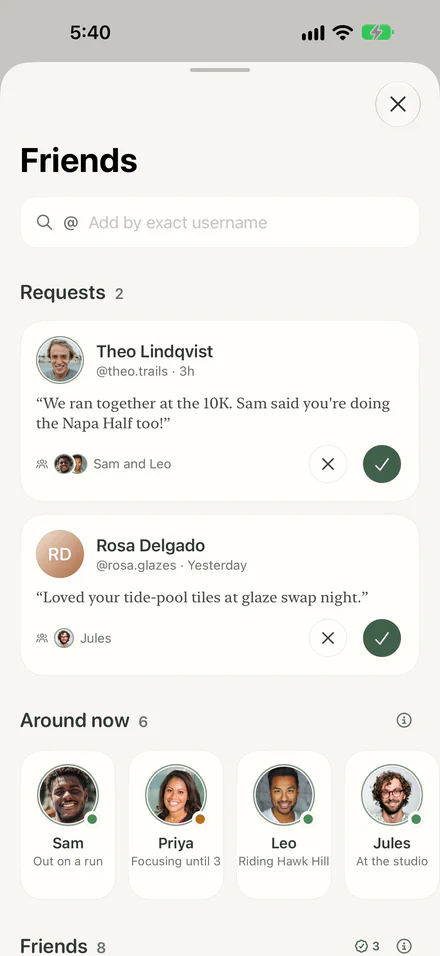 Friends in Rituals: add someone by exact username, two friend requests with short notes, and Around now — Sam out on a run, Priya focusing until 3, Leo riding Hawk Hill and Jules at the studio.
