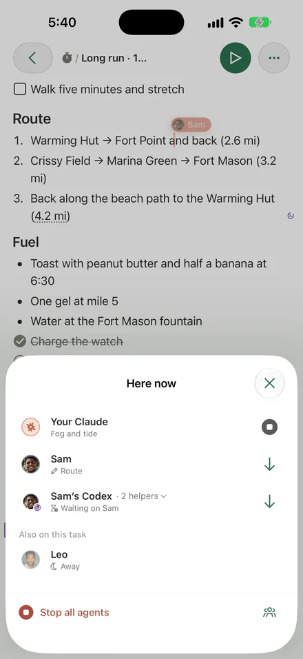 Here now on the shared long run: Maya’s Claude checking fog and tide, Sam on the route, Sam’s Codex with 2 helpers waiting on Sam, Leo away, and a button to stop all agents.
